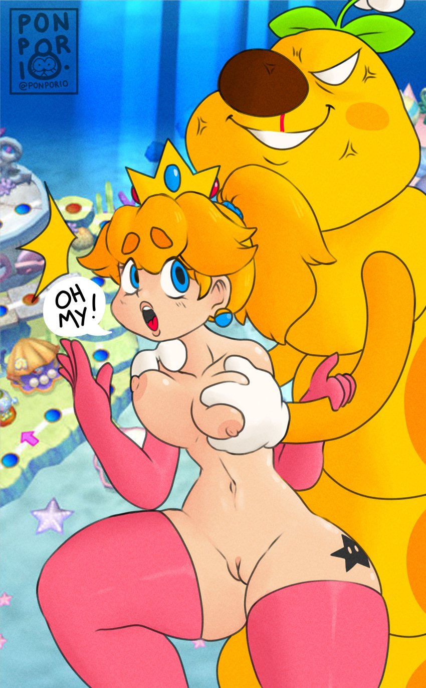 absurd_res breasts clothing crown dialogue duo ear_piercing ear_ring elbow_gloves exposed_breasts female feral genitals gloves grope groping_breasts groping_from_behind hair handwear hi_res human legwear male male/female mammal mario_(series) mario_party mario_party_5 nintendo nude piercing ponporio_(artist) ponytail princess princess_peach pussy royalty stockings surprised_expression tattoo video_games wiggler worm