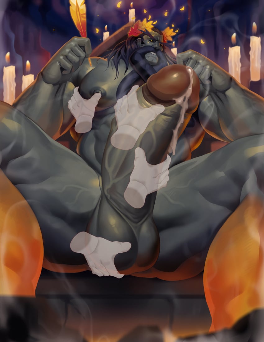 balls bara beard big_muscles big_penis boner disembodied_hands dsharp_k erection facial_hair hades_(game) hades_(hades) handjob male male_only muscles muscular musk nude penis sitting spread_legs