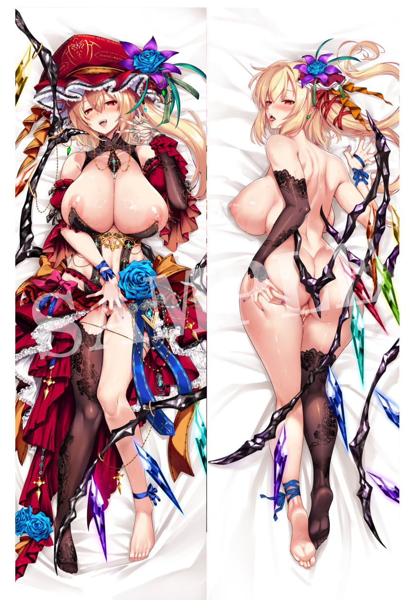 1girl absurdres aged_up ass bed_sheet black_thighhighs blonde_hair blue_flower blue_rose breasts cleavage commentary_request crystal_wings cum cum_in_pussy dakimakura_(medium) earrings fangs flandre_scarlet flower full_body hair_flower hair_ornament hat highres huge_breasts jewelry lactation long_hair lying mob_cap multiple_views necklace nipples nude on_back on_bed ouma_tokiichi pussy red_eyes red_hat reitaisai rose sample_watermark single_thighhigh thighhighs touhou variant_set watermark wings