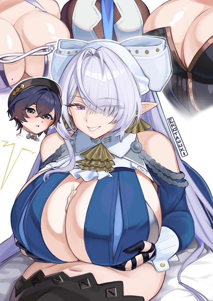 5girls absurdres ascot aurelia_academy_school_uniform bare_shoulders belle_(brilliance_of_stars)_(zenless_zone_zero) belle_(zenless_zone_zero) black_hat blue_hair breasts cleavage clothing_cutout commentary cum dress earrings eldreda_sunbringer english_commentary erotanuki futa_with_female futanari green_eyes grey_hair hair_between_eyes hair_over_one_eye hat highres huge_breasts jewelry long_hair looking_at_another lying mole mole_on_breast mole_under_mouth multiple_girls navel official_alternate_costume on_back on_bed paizuri pointy_ears purple_eyes remielle_dan school_uniform short_hair shoulder_cutout sigrid_(zenless_zone_zero) sigrid_de_l'azur simple_background smile velina_airgid white_background yellow_ascot zenless_zone_zero