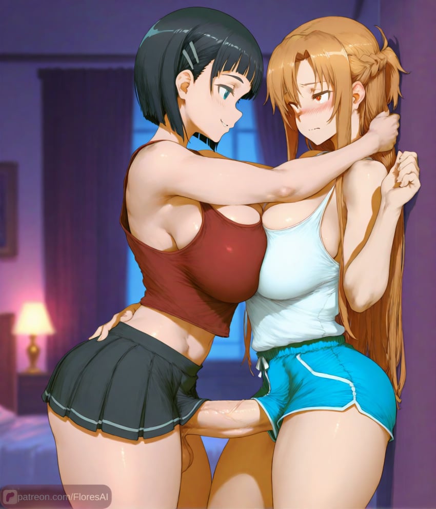 2girls ai_assisted ai_generated asuna_(sao) big_breasts floresai futa_on_female futadom futanari hi_res huge_ass huge_breasts huge_cock huge_penis imminent_sex kirigaya_suguha narrow_waist patreon patreon_exclusive patreon_only_post patreon_reward patreon_url patreon_username teasing thick_thighs wide_hips