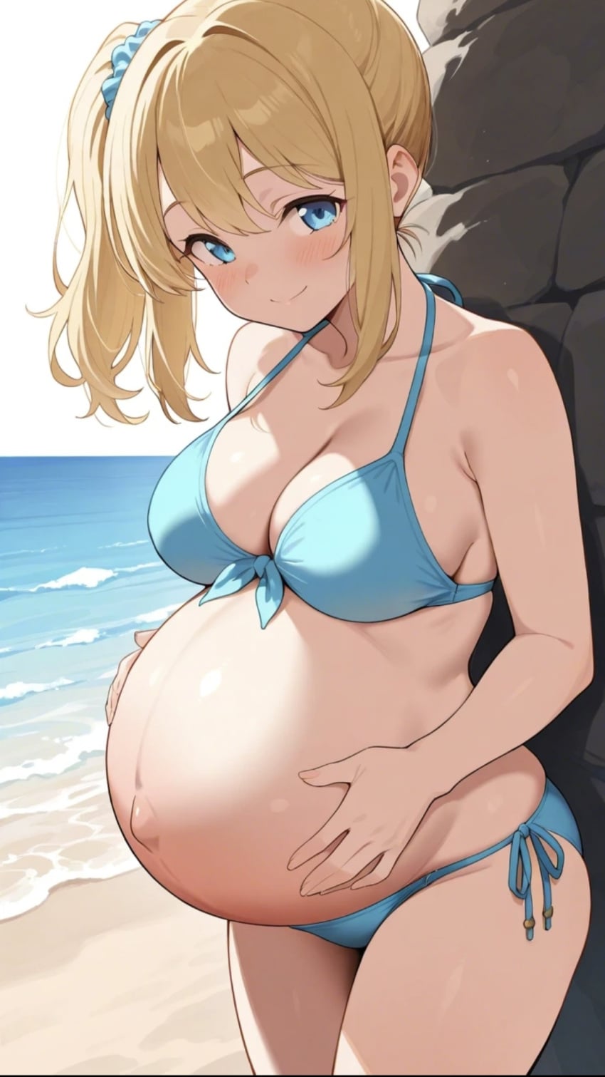 1girls ai_generated bangs beach bikini bikini_bottom bikini_top blonde blonde_female blonde_hair blonde_hair_female blue_bikini blue_bikini_bottom blue_bikini_top blue_eyes blush breasts commentary_request female female_focus girl hair hands_on_belly lia_the_busty_redhead looking_at_viewer medium_breasts ocean original original_character outdoors pregnant pregnant_female pregnant_sex self_upload side_ponytail smile smile_at_viewer smiling standing tagme water