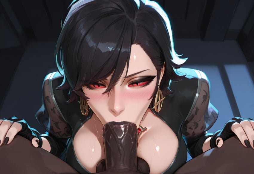 1boy 1girl ai_generated bangs belt black_hair blowjob blush bodysuit boots breasts choker cleavage dark-skinned_male dark_skin deepthroat fellatio hetero huge_penis irrumatio jubilation_lee jubilee jubilee_(marvel_rivals) large_breasts lips marvel marvel_rivals red_eyes short_hair vampire_jubilee very_dark_skin x-men youmuu