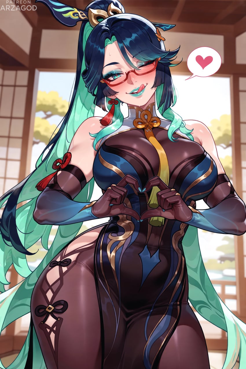 1girl ai_generated aqua_eyes arzagod big_breasts black_hair blush colored_inner_hair genshin_impact green_eyes green_hair hair_ornament high_ponytail jewelry large_breasts long_hair multicolored_hair perfect_legs ponytail tagme thick_thighs xianyun_(genshin_impact)