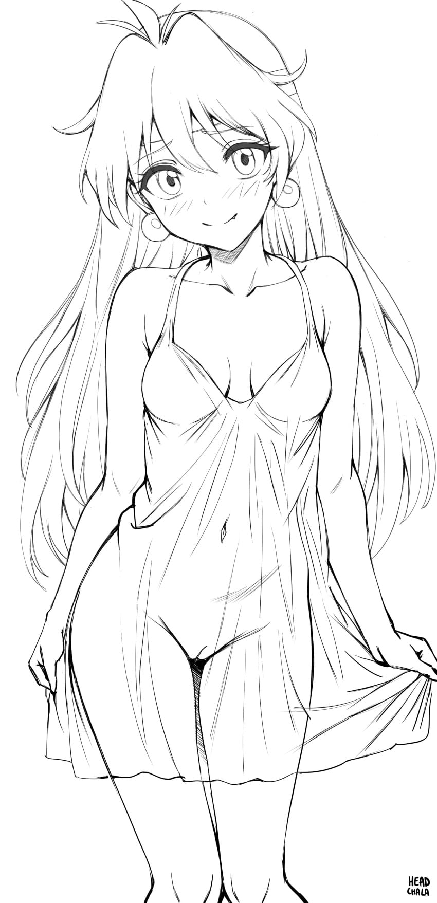 1girl absurdres artist_name blush breasts cleft_of_venus collarbone commentary dress earrings english_commentary fang furrowed_brow head_cha_la high_contrast highres jewelry lina_inverse lineart long_hair looking_at_viewer medium_breasts monochrome navel pussy see-through_clothes see-through_dress simple_background slayers smile solo sphere_earrings standing thighs white_background