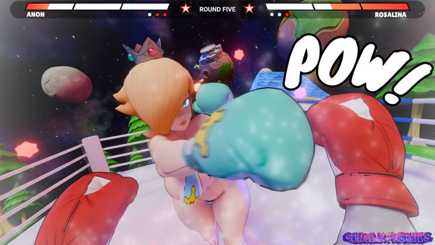 1boy 1girls 3d 3d_(artwork) anon anonymous_male big_breasts bikini blonde_hair blue_eyes boxing boxing_gloves boxing_ring breasts chalkfights femdom fight fighting fighting_ring hair_over_one_eye huge_breasts large_breasts long_hair male_pov mario_(series) mixed_boxing onomatopoeia pov princess_rosalina punch punching punching_viewer super_mario_galaxy thick thick_thighs thighs wide_hips