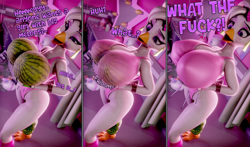 3d 3d_(artwork) 3d_model 3d_render animatronic anthro big_breasts bird body_modification boob_inflation boobs breast_expansion breast_growth breast_inflation breast_transformation breasts chica_(fnaf) chicken clothed dialogue five_nights_at_freddy's five_nights_at_freddy's:_security_breach fnaf forced forced_transformation fruit furry glamrock_chica_(fnaf) glamrock_chica_(mayosplash) growth growth_sequence hivar holding_breast huge_breasts large_breasts mayosplash mayosplash_(modeler) melon nipples profanity robot solo surprised surprised_expression text transformation unwilling_transformation watermelon