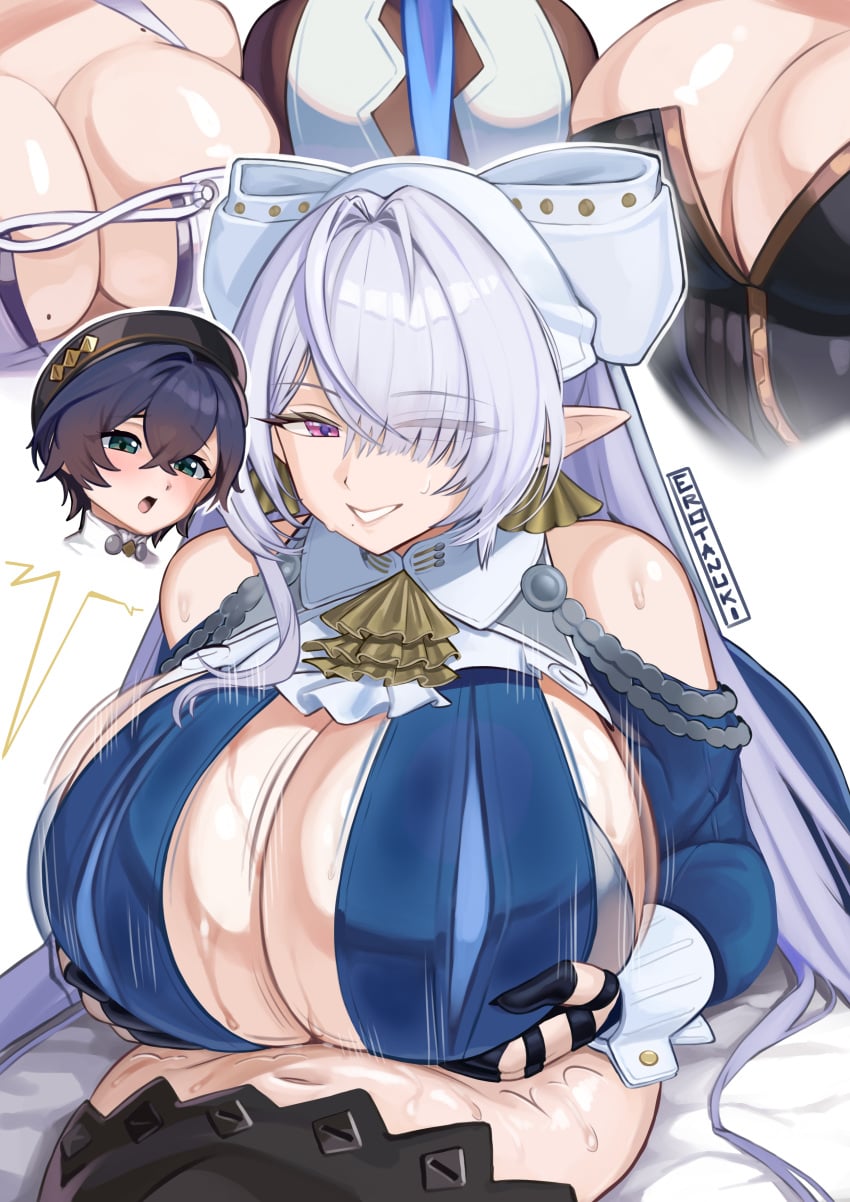 5girls absurdres ascot aurelia_academy_school_uniform bare_shoulders belle_(brilliance_of_stars)_(zenless_zone_zero) belle_(zenless_zone_zero) black_hat blue_hair breasts cleavage clothing_cutout commentary cum dress earrings eldreda_sunbringer english_commentary erotanuki futa_with_female futanari green_eyes grey_hair hair_between_eyes hair_over_one_eye hat highres huge_breasts jewelry long_hair looking_at_another lying mole mole_on_breast mole_under_mouth multiple_girls navel official_alternate_costume on_back on_bed paizuri pointy_ears purple_eyes remielle_dan school_uniform short_hair shoulder_cutout sigrid_(zenless_zone_zero) sigrid_de_l'azur simple_background smile velina_airgid white_background yellow_ascot zenless_zone_zero