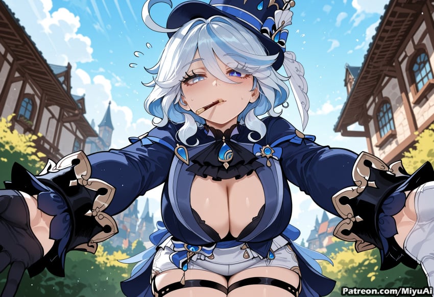 1girl ahoge ai_assisted ai_generated bangs blue_eyes blush breasts cleavage curvaceous curvy curvy_female curvy_figure day female flying_sweatdrops furina_(genshin_impact) garter_straps genshin_impact gloves hat large_breasts leaning_forward long_sleeves looking_at_viewer miyuai mole mole_on_breast mouth_hold outdoors outstretched_arm outstretched_arms reaching_out short_hair silver_hair solo thick thick_ass thick_butt thick_hips thick_legs thick_thighs thighhighs voluptuous voluptuous_female wide_hips wide_thighs