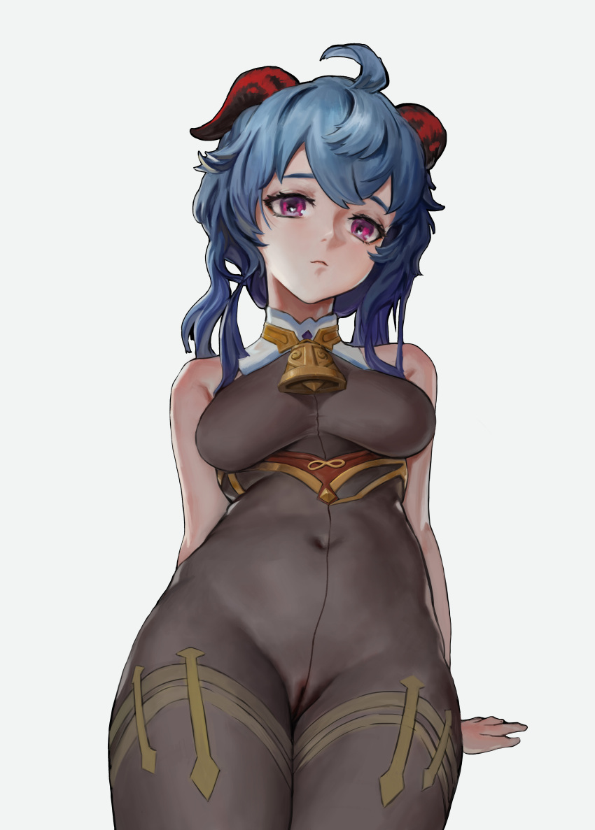 arecus arms_behind_back belly_button blue_hair bodysuit ganyu_(genshin_impact) genshin_impact horns navel purple_eyes pussy see-through see-through_clothing simple_background solo solo_female solo_focus thighhighs