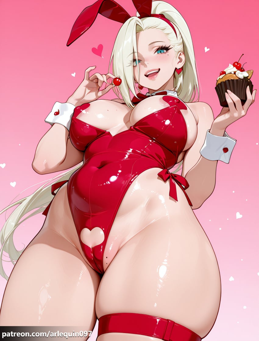 1girl ai_generated animal_ears areola_slip arlequin097 bare_shoulders blonde_hair blue_eyes blush bow bowtie breasts cameltoe cherry clothing_cutout covered_navel covered_nipples detached_collar earrings fake_animal_ears food from_below fruit gradient_background hairband heart heart_cutout heart_earrings heart_pasties highleg highleg_leotard holding holding_food holding_fruit ino_yamanaka jewelry large_breasts leotard long_hair looking_at_viewer mole mole_on_breast mole_under_eye naruto naruto_(series) naruto_shippuden open_mouth pasties patreon_username pink_background playboy_bunny ponytail pussy_peek rabbit_ears red_hairband red_leotard skindentation smile solo strapless strapless_leotard teeth thick_thighs thigh_strap thighs upper_teeth_only white_wrist_cuffs wrist_cuffs yamanaka_ino