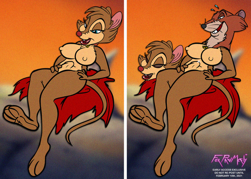 anthro bodily_fluids breasts bulge clothed clothing crossdressing don_bluth english_text foxpawmcfly fursuiting hi_res justin_(nimh) male mammal milf mouse mrs._brisby murid murine rat rodent secret_of_nimh solo sweat sweatdrop text zipper