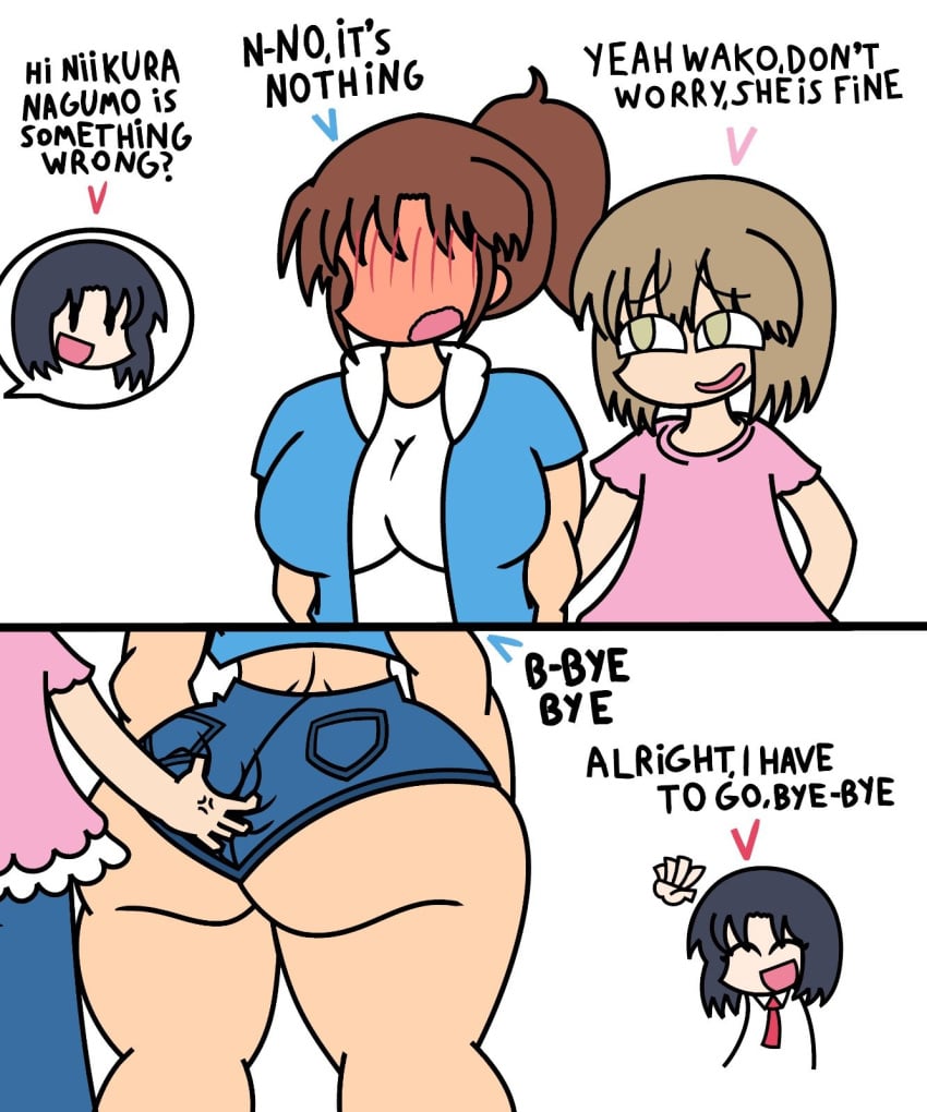 2koma 3girls ass ass_grab ayumu_niikura black_eyes black_hair blonde_hair blue_hoodie blue_pants blue_shorts blush breasts brown_hair city_(arawi_keiichi) closed_eyes english_text full-face_blush grabbing grabbing_another's_ass grabbing_ass green_eyes hood_down hoodie huge_ass huge_breasts izumi_wako literal_alguien muscular muscular_female nagumo_midori open_mouth pants pink_shirt ponytail shirt short_hair short_sleeves shorts skindentation smug speech_bubble text thick_thighs thighs waving wavy_mouth white_background white_hood white_shirt