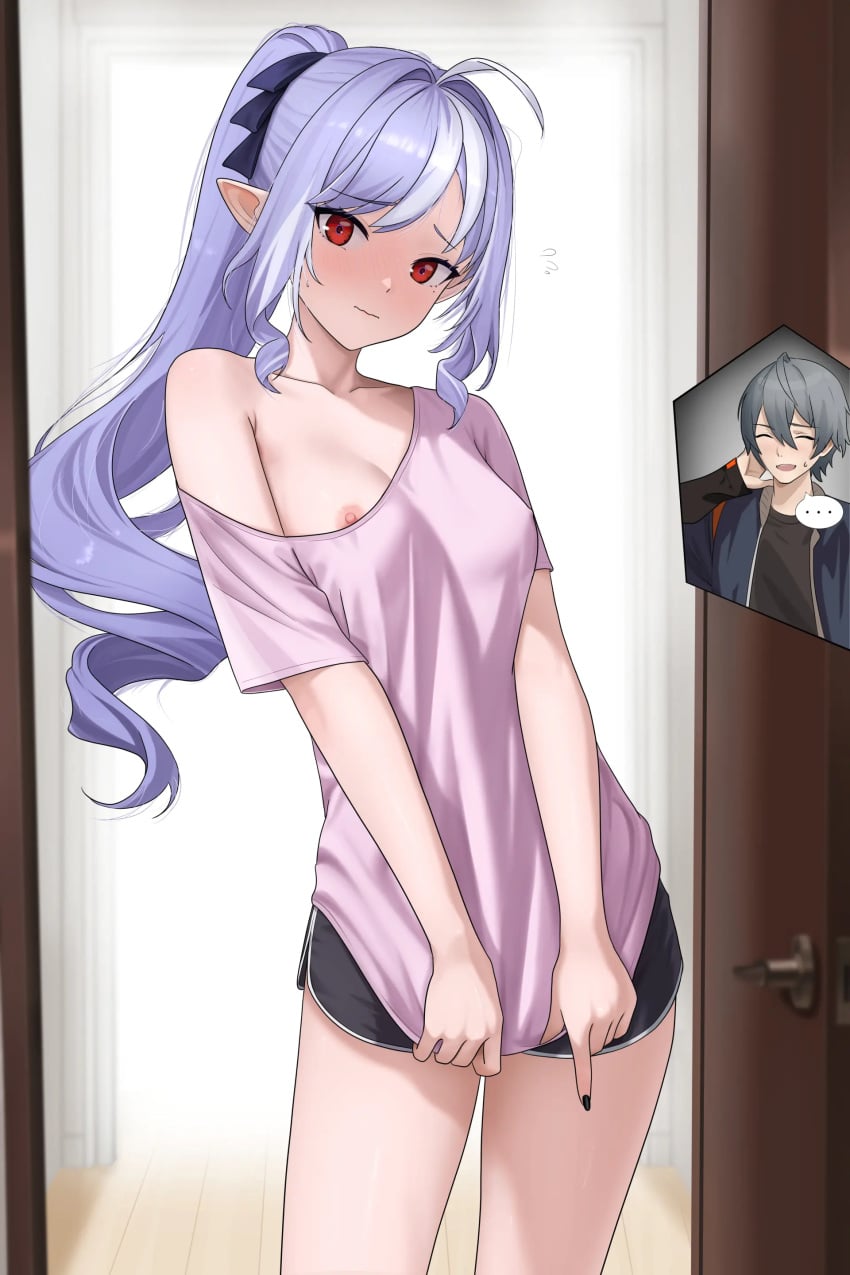 ... 1boy 1girl absurd_res ahoge alternate_costume alternate_hairstyle areola black_nails black_shorts blush breasts closed_mouth collarbone colored_nails dolphin_shorts door doorway female fingernails hair_intakes high_resolution highres ir_who long_hair looking_at_viewer male medium_breasts multicolored_hair nail_polish nipple_peek nipples one_breast_out painted_nails pink_areola pink_shirt pointy_ears ponytail pov_doorway purple_hair red_eyes shirt shorts sidelocks single_off_shoulder solo_focus spoken_ellipsis standing streaked_hair vivian_(zenless_zone_zero) vivian_banshee wise_(zenless_zone_zero) zenless_zone_zero