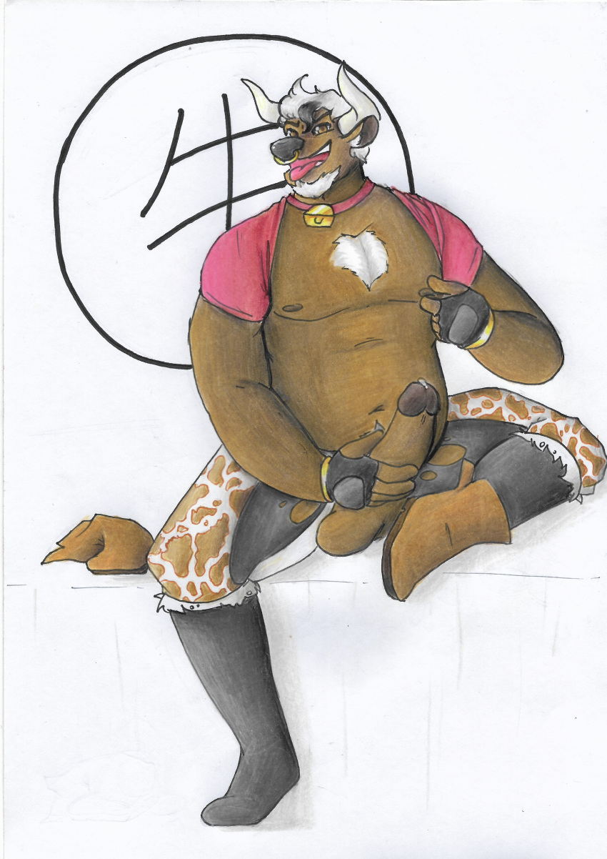 big_balls big_penis bodily_fluids bull chinese_text chinese_zodiac erection furry musclegut nipple_piercing ox pinching precum ripped_pants traditional_art traditional_media_(artwork) yiff