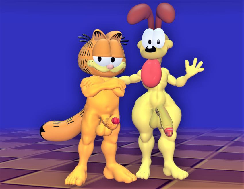 2boys 3d 3d_(artwork) balls cat dog dr.ivopingasnik garfield_(series) garfield_the_cat gay male male/male male_only naked odie paws,_inc. penis penis_out viacom yaoi