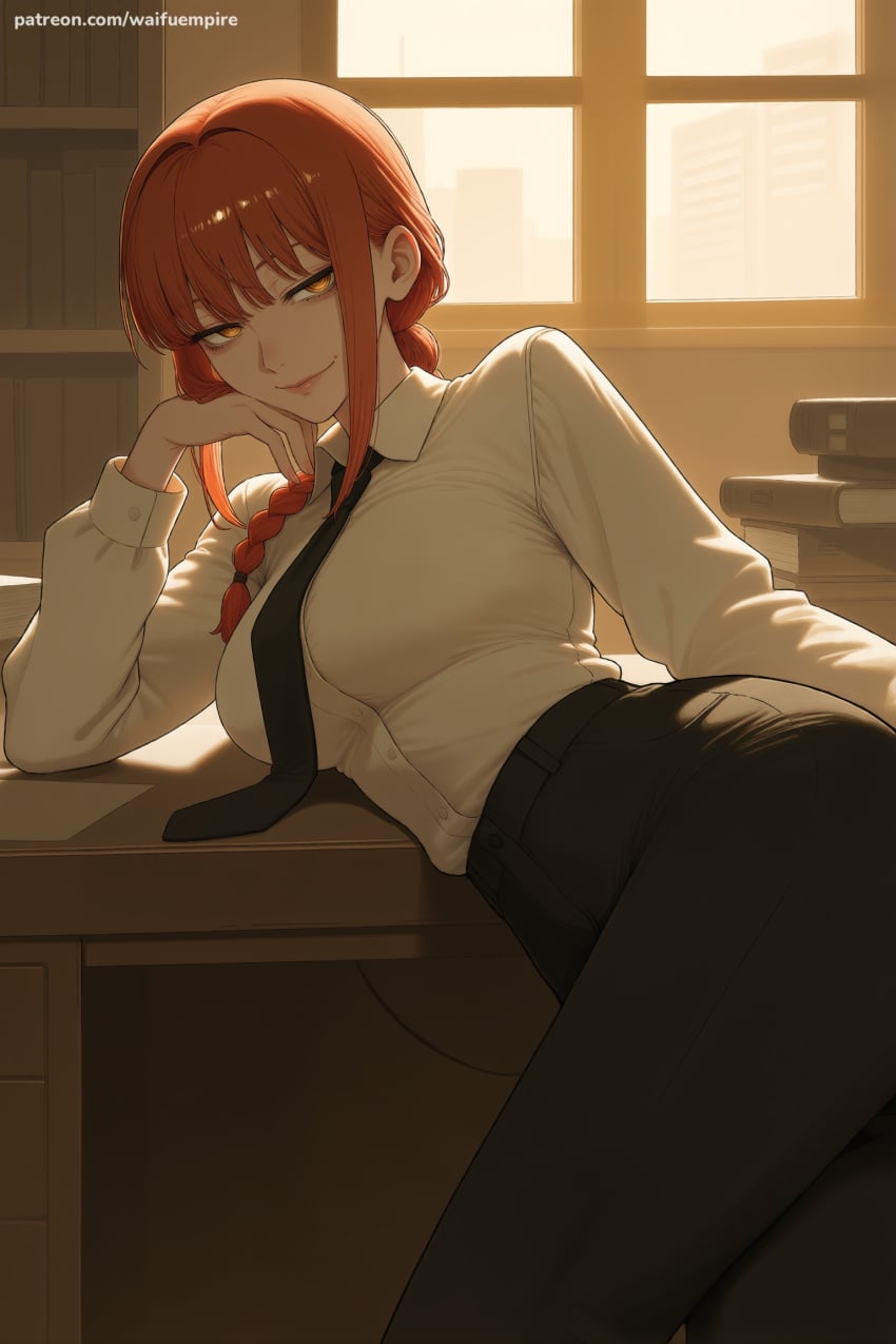 1girl ai_generated bangs black_neckwear black_pants braid braided_ponytail breasts business_suit chainsaw_man collared_shirt hi_res high_quality high_resolution large_breasts light_smile long_sleeves looking_at_viewer makima_(chainsaw_man) medium_hair necktie office_lady pants patreon ringed_eyes seductive sexy shirt shirt_tucked_in smile solo uncensored watermark white_shirt yellow_eyes
