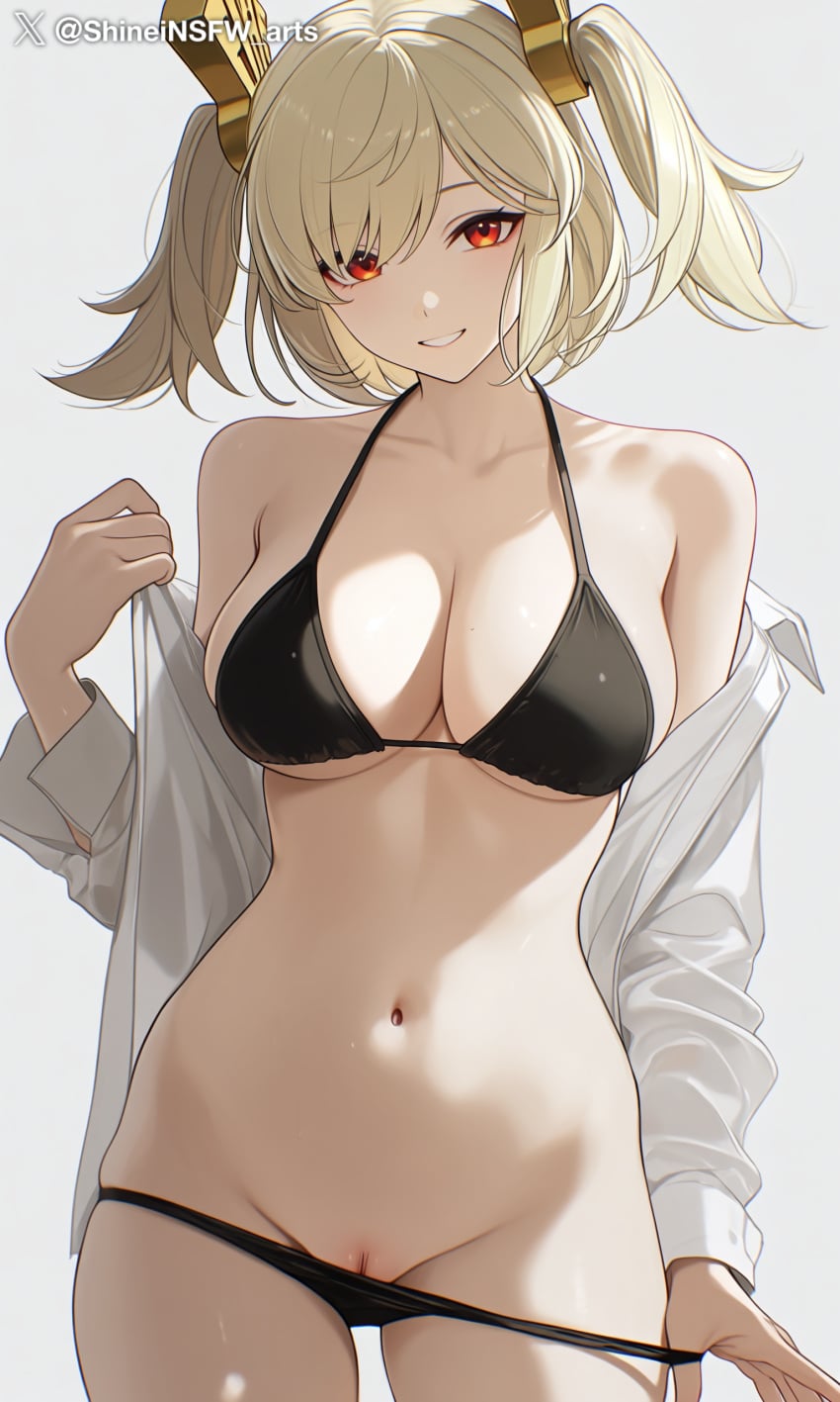 1girls ai_generated burnice_white looking_at_viewer pussy red_eyes shineinsfw smile solo uncensored wet white_hair zenless_zone_zero