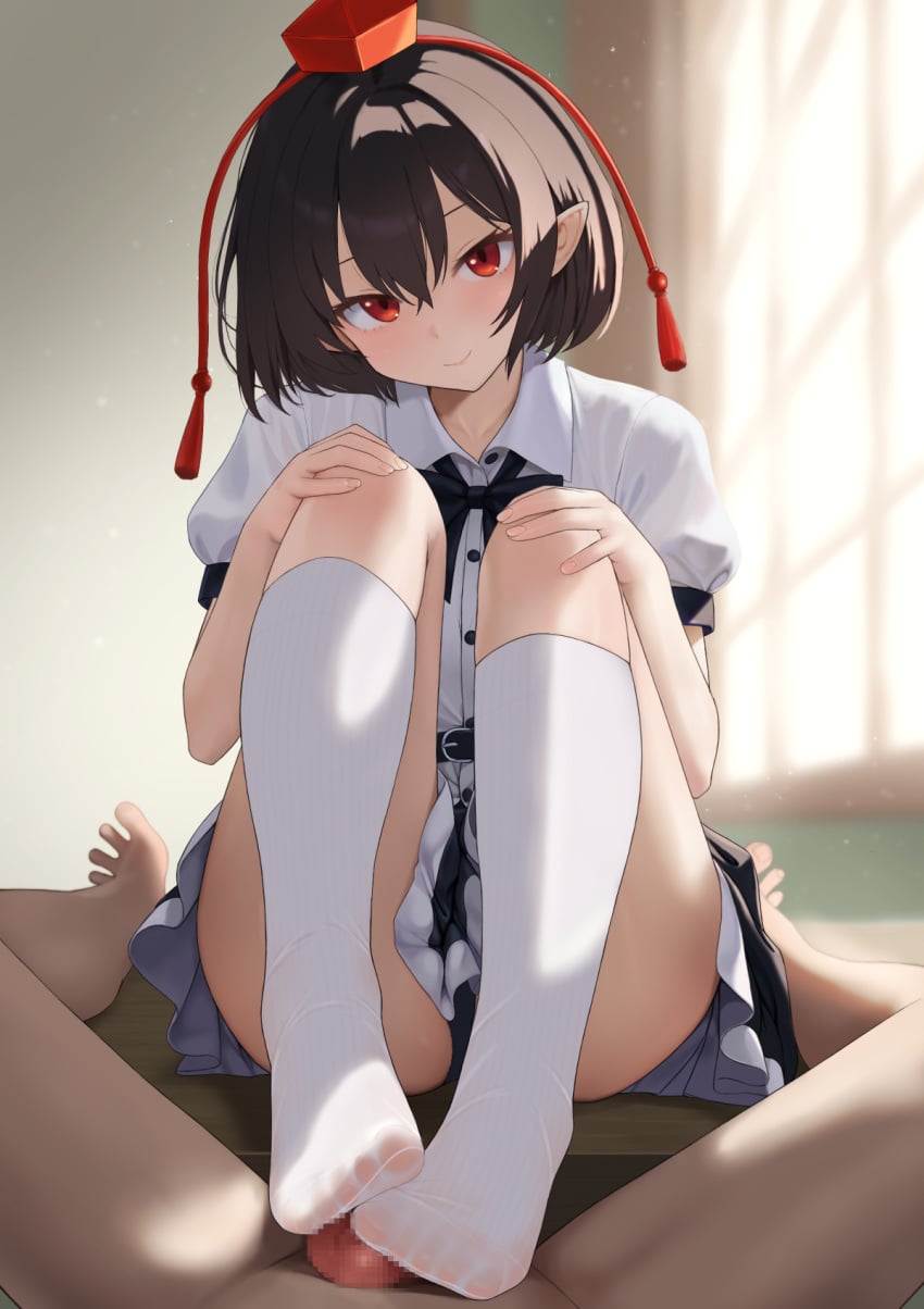 1boy 1girl black_skirt brown_hair censored closed_mouth commentary commission footjob footjob_with_footwear footjob_with_legwear hat head_tilt hetero highres indoors knees_up looking_at_viewer maa_(maa1) mosaic_censoring no_shoes penis pixiv_commission pov red_eyes shameimaru_aya shirt short_hair sitting skirt smile socks tokin_hat touhou two-footed_footjob white_shirt white_socks window