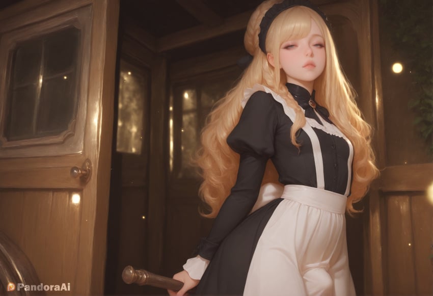 1boy 1femboy absurd_res ai_generated apron artist_name artist_upload black_dress blonde_hair blue_eyes braid breasts bulge crossdressing door dress erection erection_under_clothes femboy femboy_focus feminine_male gay hi_res holding indoors juliet_sleeves lips long_hair long_sleeves looking_at_viewer maid maid_apron maid_headdress more_at_source pandora patreon patreon_username puffy_sleeves self_upload solo transgender uncensored watermark white_apron