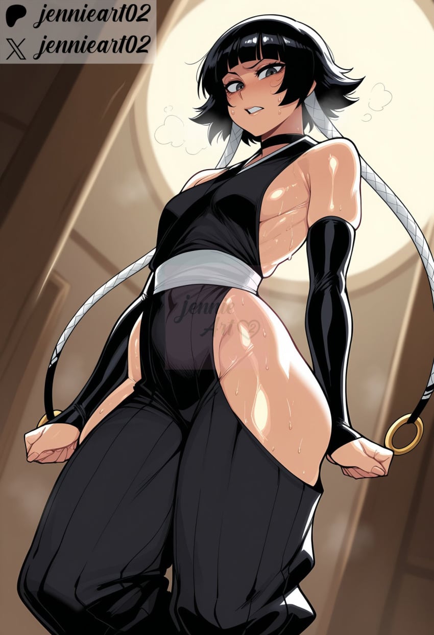 1girl ai_generated artist_name bare_hips bare_shoulders black_choker black_eyes black_hair black_kimono black_sleeves bleach blunt_bangs blush breasts bridal_gauntlets choker clenched_hands clothing covered_navel detached_sleeves female from_below hip_vent indoors japanese_clothes jennieart02 looking_at_viewer patreon patreon_logo patreon_username shiny_skin short_hair short_hair_with_long_locks sideboob sideless_outfit skindentation small_breasts soifon solo standing steaming_body sui-feng sweat teeth thigh_cutout thighs traditional_clothes twitter twitter_username wafuku watermark web_address