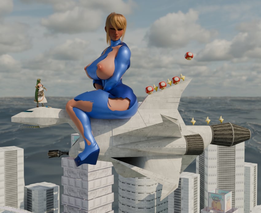 2girls 3d big_breasts blender_(software) blonde_female blonde_hair blue_eyes bodysuit female female_focus female_only giantess green_hair huge_breasts kid_icarus large_breasts light-skinned_female light_skin mario_(series) metroid mushroom palutena ripped_clothing samus_aran scrag_boy_(model) scrag_samus size_difference super_smash_bros. super_smash_bros._ultimate surprised torn_bodysuit zero_suit_samus