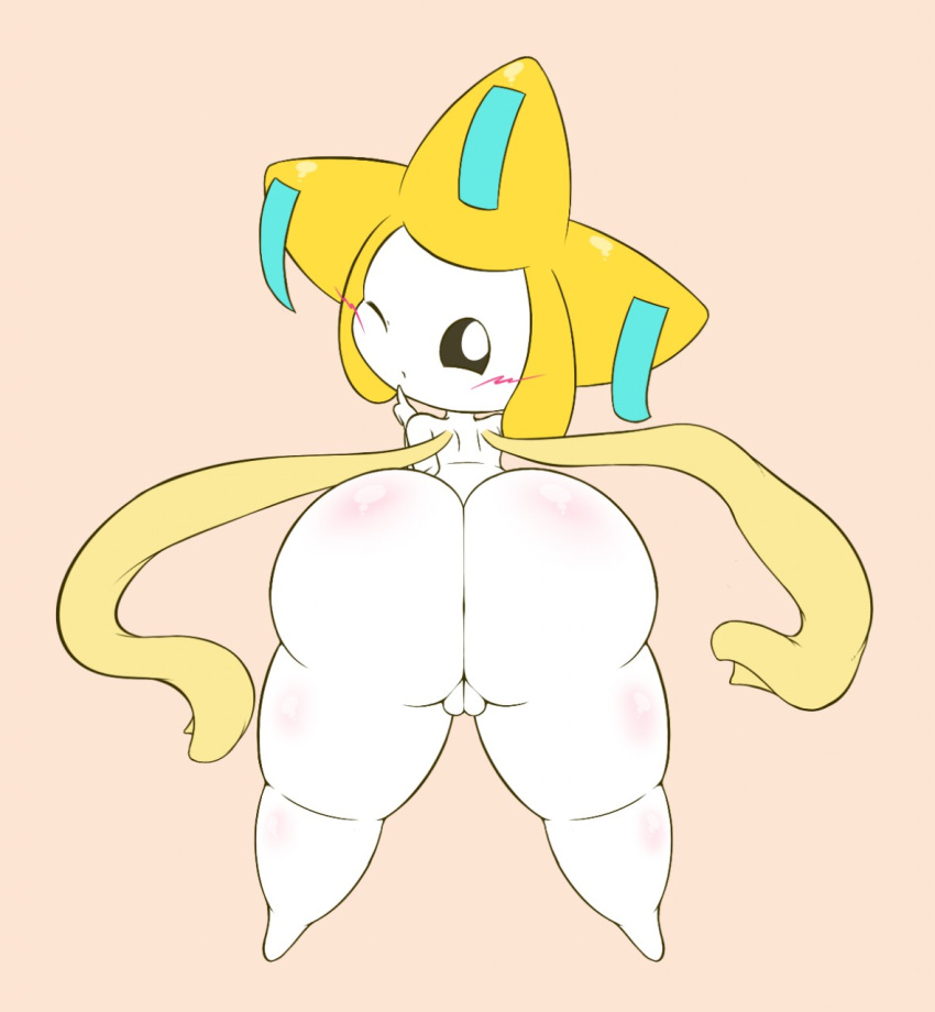 2017 anthro ass big_butt black_eyes blush digital_media_(artwork) female genitals hi_res humanoid jirachi k--10 legendary_pokemon looking_at_viewer looking_back nintendo not_furry one_eye_closed pokémon_(species) pokemon pokemon_(species) presenting presenting_hindquarters pussy rear_view simple_background solo thick_thighs video_games white_body white_skin wide_hips