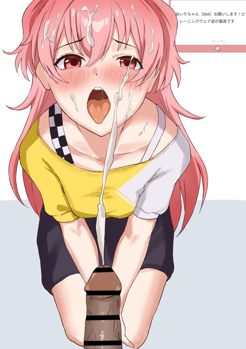 1boy 1girls blush clothed cum cum_on_face ejaculation facial female male maru_(user_vhtu2234) momoi_airi open_mouth penis pink_eyes pink_hair project_sekai tongue tongue_out