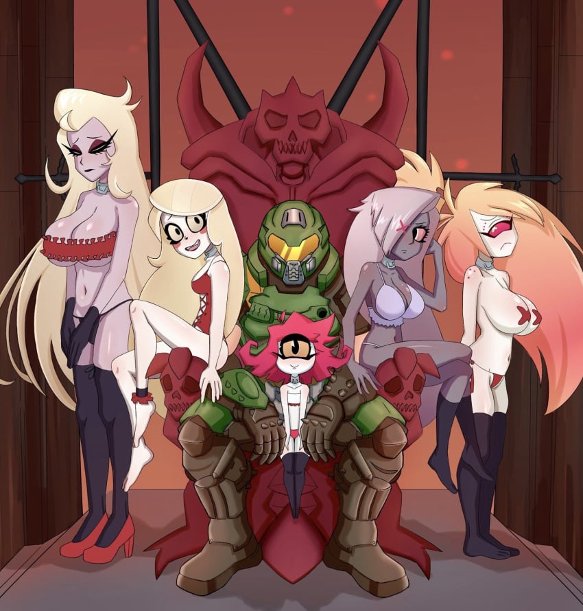 1boy 5girls blush charlie_morningstar_(hazbin_hotel) cherri_bomb crossover dark-skinned_female demon demon_girl doom doom_slayer frowning hazbin_hotel hell high_heels implied_slavery lilith_morningstar lilith_morningstar_(hazbin_hotel) long_hair milf niffty red_hair reviruu skimpy skimpy_clothes slave slave_collar slavegirl smile smooth_skin tagme throne throne_room vaggie