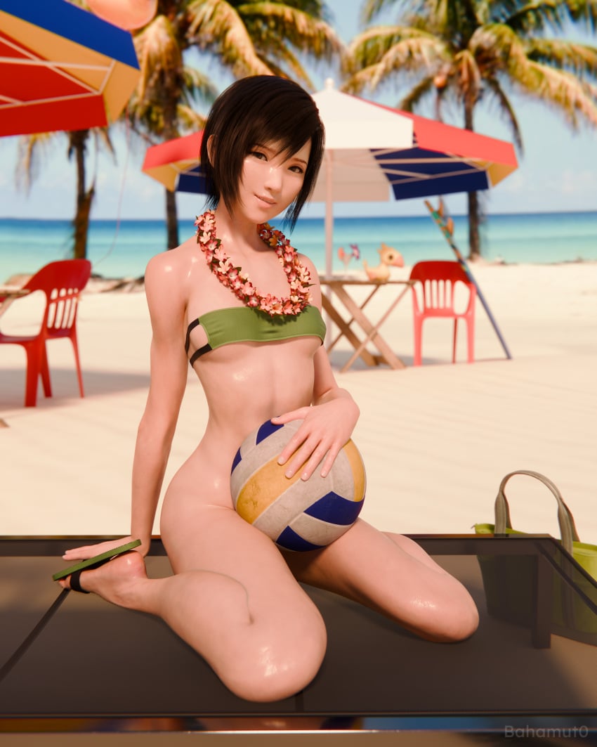 3d bahamut0 beach bikini bikini_top black_hair blender bottomless chair chocobo covering covering_crotch drink final_fantasy_vii final_fantasy_vii_remake legs lei looking_at_viewer ocean palm_tree petite sand shiny_skin short_hair sitting small_breasts smaller_female smile surfboard thighs underboob volleyball waist yuffie_kisaragi