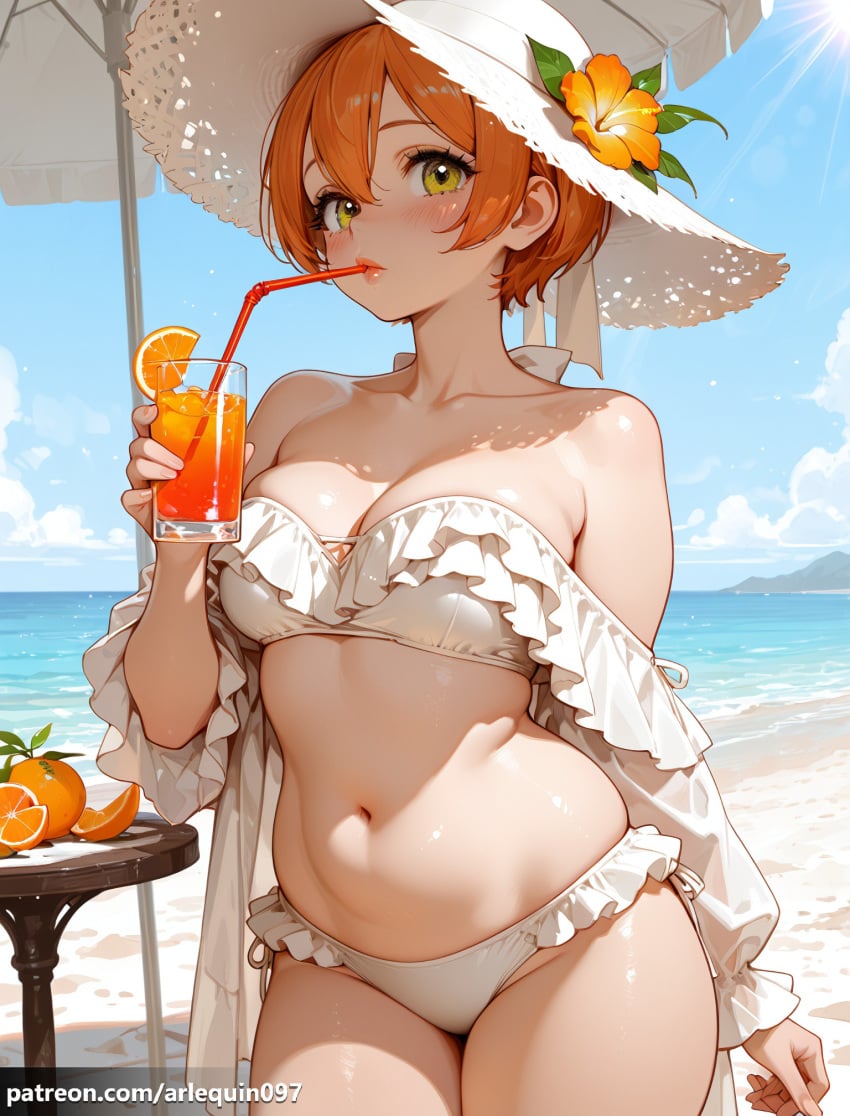 1girl ai_generated arlequin097 bare_shoulders beach beach_umbrella bikini blue_sky blush breasts cleavage cloud collarbone cowboy_shot cup day drink drinking drinking_glass drinking_straw fingernails flower food frilled_bikini frills fruit green_eyes hair_between_eyes hand_up hat hat_flower holding holding_cup hoshizora_rin juice large_breasts long_sleeves looking_at_viewer love_live! love_live!_school_idol_project navel ocean off-shoulder_bikini off_shoulder orange_(fruit) orange_hair orange_slice outdoors plump sand short_hair sky solo standing stomach strapless strapless_bikini sun_hat sunlight swimsuit table thighs tropical_drink umbrella water white_bikini white_headwear yellow_eyes