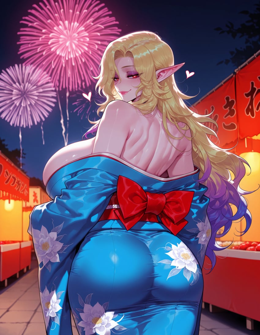 1girl 1girls ai_generated ass ass_focus back balecxi bare_shoulders blonde_hair blue_kimono blush breasts clothing curvaceous curvaceous_female curvaceous_figure curvy curvy_figure elf elf_ears elf_female female female_focus festival fireworks floral_print food_stand from_behind gradient_hair huge_ass huge_breasts inviting inviting_to_sex japanese_clothes kimono large_breasts long_hair long_pointy_ears looking_at_viewer looking_back makeup market_stall median_furrow misery_stentrem multicolored_hair night night_sky obi off_shoulder outdoors pointy_ears presenting presenting_ass presenting_breasts presenting_hindquarters presenting_self purple_hair red_eyes robe sash seductive seductive_look seductive_smile sideboob smile solo summer_festival traditional_clothes voluptuous voluptuous_female wafuku youkoso!_sukebe_elf_no_mori_e yukata