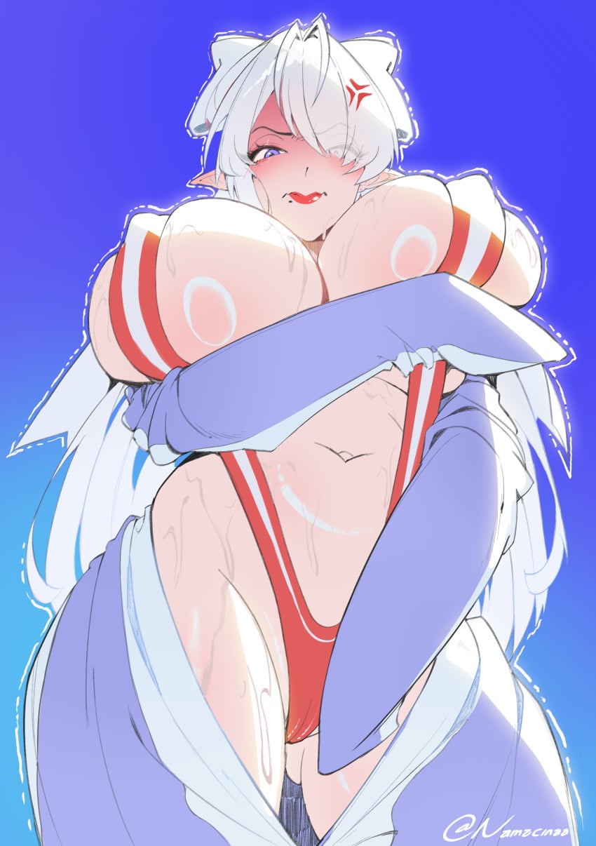 1girl absurdres anger_vein angry animal_costume arm_under_breasts ass_visible_through_thighs blue_background blush bow breasts cameltoe closed_mouth commentary cosplay covered_nipples cowboy_shot embarrassed english_commentary erect_nipples eyes_visible_through_hair from_below goddess_of_victory:_nikke gradient_background groin hair_bow hair_over_one_eye half-closed_eyes hand_up highres huge_breasts lee_zue_ky long_hair long_sleeves looking_at_viewer looking_down marciana_(nikke) mole mole_under_mouth navel nipples_visible_through_clothing open_clothes penguin_costume plump_lips pointy_ears purple_eyes red_slingshot_swimsuit slingshot_swimsuit solo standing stomach sweat swimsuit thick_thighs trembling twitter_username v-shaped_eyebrows velina_airgid very_long_hair white_bow white_hair zenless_zone_zero