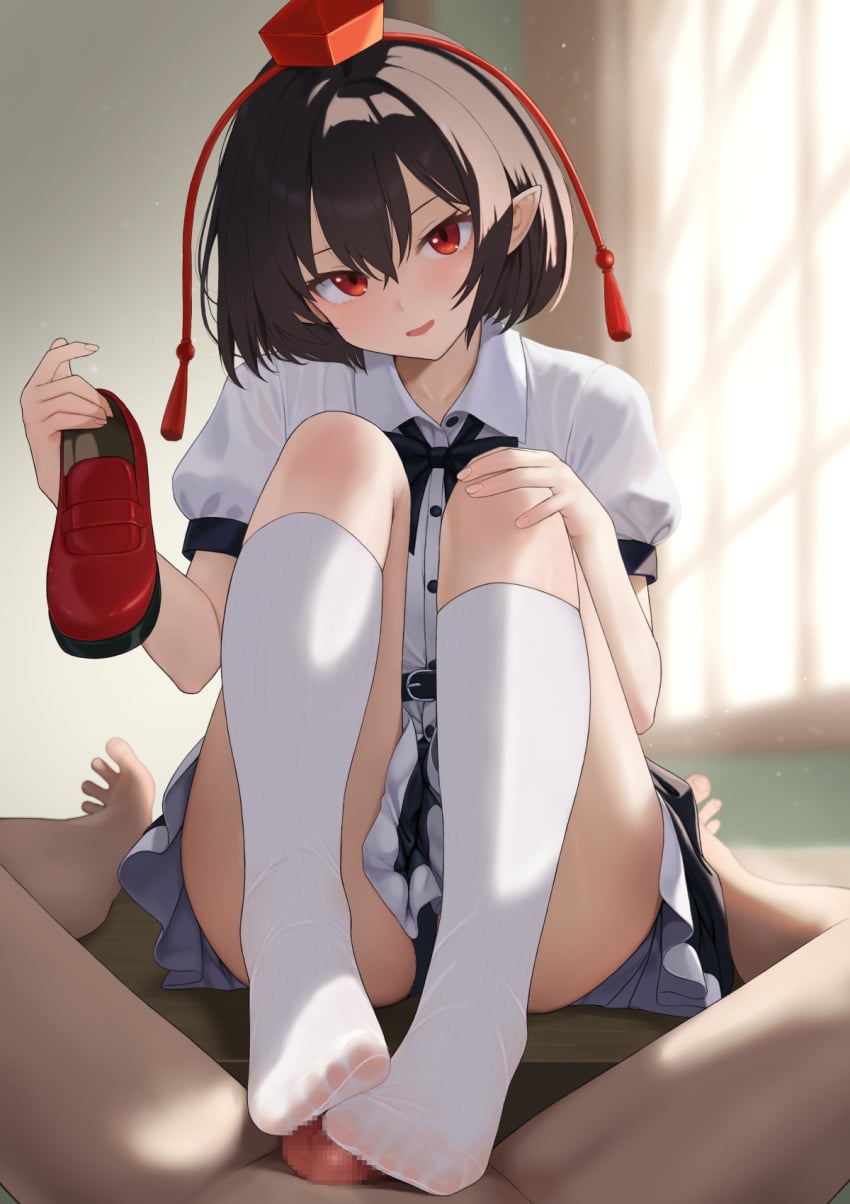 1boy 1girl black_skirt brown_hair censored commentary commission footjob footjob_with_footwear footjob_with_legwear hat head_tilt hetero highres indoors knees_up looking_at_viewer maa_(maa1) mosaic_censoring no_shoes parted_lips penis pixiv_commission pov red_eyes shameimaru_aya shirt shoes short_hair sitting skirt smile socks tokin_hat touhou two-footed_footjob unworn_shoes white_shirt white_socks window