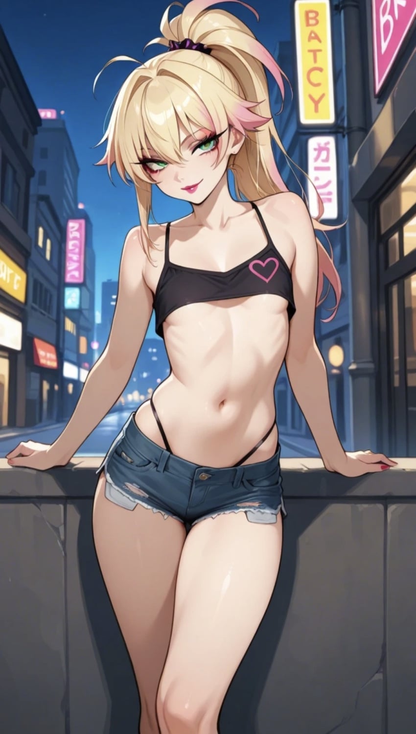 1girls ai_generated athletic athletic_female blonde blonde_female blonde_hair blonde_hair_female bratty city city_background clothed clothed_female clothing commentary_request crop_top female female_focus flat_chest flat_chested gradient_hair green_eyes hair heart heart_symbol hotpants jeans_shorts lia_the_busty_redhead midriff multicolored_hair night original original_character outdoors outside petite petite_body petite_female pink_hair_tips ponytail seductive seductive_look seductive_smile self_upload shorts slutty_female small_breasts smile smiling smiling_at_viewer solo_female spaghetti_strap standing tagme tank_top thighs thong thong_straps tight_clothing