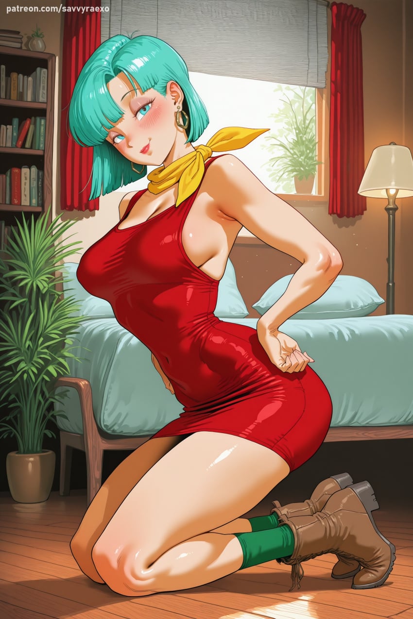 1girl ai_generated aqua_hair bangs bedroom blush boots breasts brown_footwear bulma cleavage covered_navel dragon_ball dress earrings hand_on_hip hi_res high_quality high_resolution indoors jewelry kneeling large_breasts looking_at_viewer patreon plant potted_plant savvyraexo scarf seductive sexy shiny short_dress short_hair smile solo uncensored vase watermark