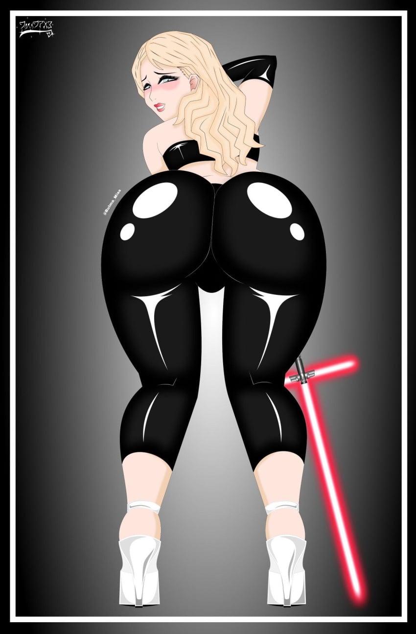 aphrodite arm_band ass ass_focus bending_over bent_over big_ass blonde-haired_female blonde_hair blush bubble_ass bubble_butt clothed clothed_ass clothed_female clothing commission female heels high_heels imminent_sex latex latex_clothing latex_pants latex_shirt leggings light-skinned_female light_skin lightsaber lipstick pale-skinned_female pale_skin pants rear_view red_lightsaber shiny_clothes shirt sith skin_tight solo_female standing star_wars star_wars:_the_old_republic suggestive_look sword text tubetop weapon white_eyes