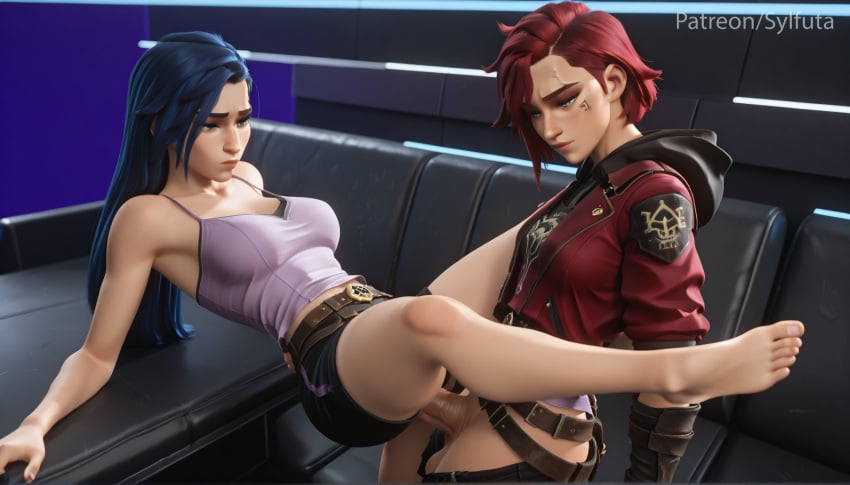 2girls ai_generated asymmetrical_hair bare_legs bare_shoulders barefoot belt blue_eyes blue_hair breasts brown_belt brown_gloves caitlyn_(league_of_legends) closed_mouth clothed_sex clothes_pull collarbone couch erection facial_tattoo feet futa_with_female futanari gloves hood hood_down indoors jacket large_breasts long_hair looking_at_another medium_breasts multiple_girls nose_piercing open_jacket pants penis penis_out red_hair red_jacket sex short_hair shorts sidecut sylfuta tattoo testicles toenail_polish toenails toes vaginal vi_(league_of_legends)