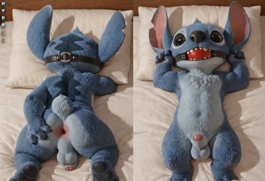 ai_generated alien anthro ball_gag bed bedroom big_ears black_eyes blue_body blue_fur experiment_(lilo_and_stitch) furry gay hydrai lilo_and_stitch lying_on_back lying_on_stomach male_only panels posing realistic stitch stitch_(lilo_and_stitch) white_belly