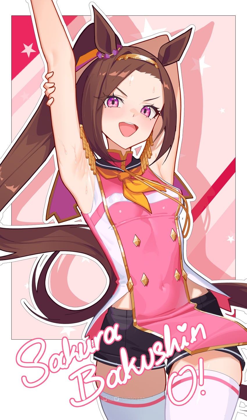 1girls armpits arms_up black_shorts brown_hair covered_navel flower-shaped_pupils horse_ears horse_girl inhoso long_hair looking_at_viewer midriff_peek pink_eyes ponytail sakura_bakushin_o_(umamusume) stretching thighhighs umamusume umamusume_pretty_derby white_thighhighs