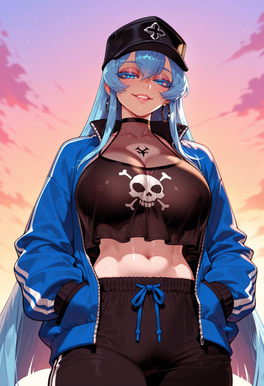 1girl 1girls abs ai_generated akame_ga_kill! balecxi baseball_cap black_choker black_headwear black_pants blue_eyes blue_hair blue_jacket breasts chest_tattoo choker cleavage clothing cloud collarbone cowboy_shot crop_top crop_top_overhang curvaceous curvaceous_female curvaceous_figure curvy curvy_figure dusk earrings esdeath esdeath_(akame_ga_kill!) female female_focus grin hair_between_eyes hands_in_pockets hat jacket jewelry large_breasts long_hair looking_at_viewer makeup midriff navel open_clothes open_jacket outdoors pants parted_lips skull_and_crossbones skull_print sky smile solo sunset tattoo track_jacket track_pants track_suit very_long_hair voluptuous voluptuous_female yoga_pants