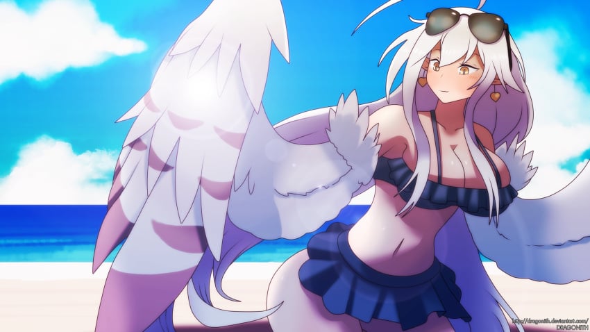 1girls beach big_breasts breasts cleavage dragonith feathered_wings female female_only harpy haru_(monster_musume) monster_girl monster_musume_no_iru_nichijou monster_musume_no_iru_nichijou_online non-nude solo swimsuit tagme white_hair wings