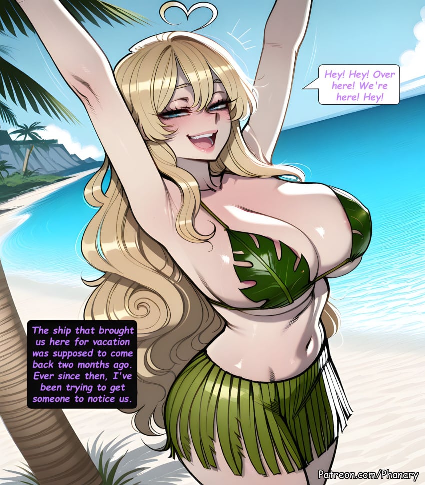 1girl ahoge ai_generated armpits arms_up artist_name beach big_ass bikini blonde_hair blue_eyes blush breasts bubble_butt cleavage comic comic_page curvy day english_text green_bikini green_skirt heart heart_ahoge highres huge_breasts khalys_(phanary) large_breasts long_hair looking_at_viewer multiple_panels navel oc ocean open_mouth original original_character outdoors palm_tree patreon patreon_username phanary skirt smile solo speech_bubble swimsuit thick thighs tree web_address