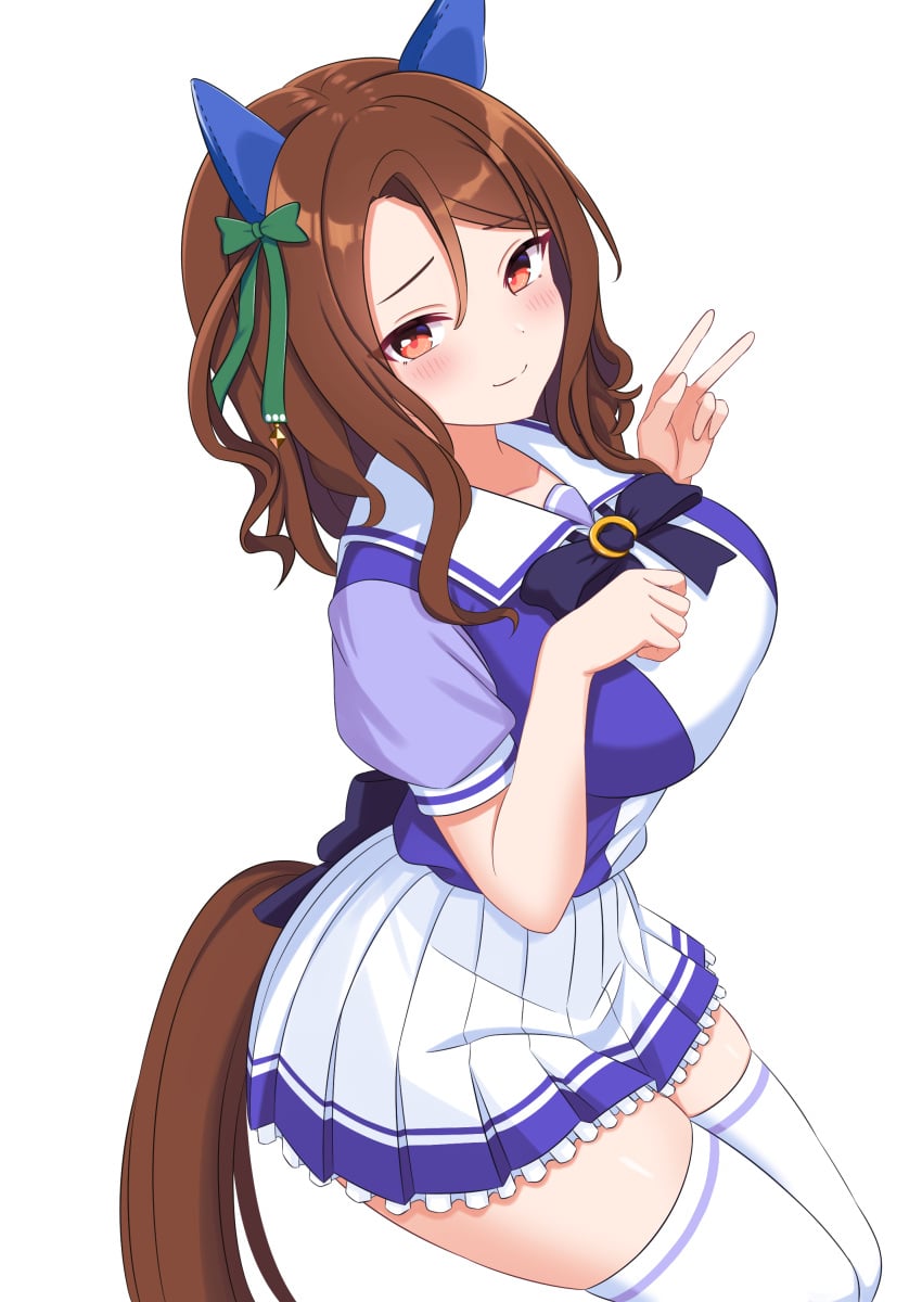 1girls artist_request breasts brown_hair ear_covers horse_ears horse_girl king_halo_(umamusume) large_breasts long_hair looking_at_viewer pleated_skirt red_eyes simple_background smile solo tracen_school_uniform umamusume umamusume_pretty_derby white_background white_skirt white_thighhighs