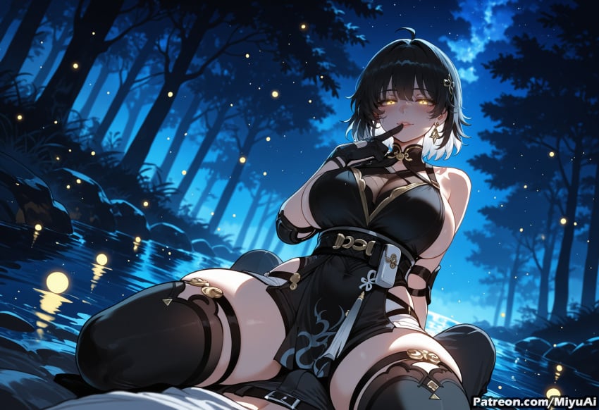 1girl ahoge ai_assisted ai_generated bangs bare_shoulders black_dress black_gloves black_hair black_legwear blush braid breasts choker cleavage curvaceous curvy curvy_female curvy_figure dress earrings female gloves hair_between_eyes jewelry large_breasts looking_at_viewer miyuai moon night outdoors rover_(wuthering_waves) short_hair sitting skindentation sky sleeveless smile solo straddling thick thick_ass thick_butt thick_hips thick_legs thick_thighs thighhighs thighs tree voluptuous voluptuous_female wide_hips wide_thighs wuthering_waves yellow_eyes