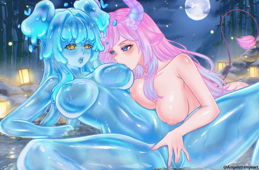 2girls angelstrangeart animal_ears bamboo bamboo_forest blue_eyes blue_hair blue_skin blush breast_sucking breasts colored_skin commentary cow_tail demon_girl english_commentary fingering fingernails flower forest full_moon gift_art hair_flower hair_ornament highres horns lantern large_breasts long_hair lying monster_girl moon multiple_girls nature navel night nipples nude on_back onsen open_mouth original outdoors pink_hair pink_nails slime_girl slime_hair spread_legs tail uncensored yellow_eyes