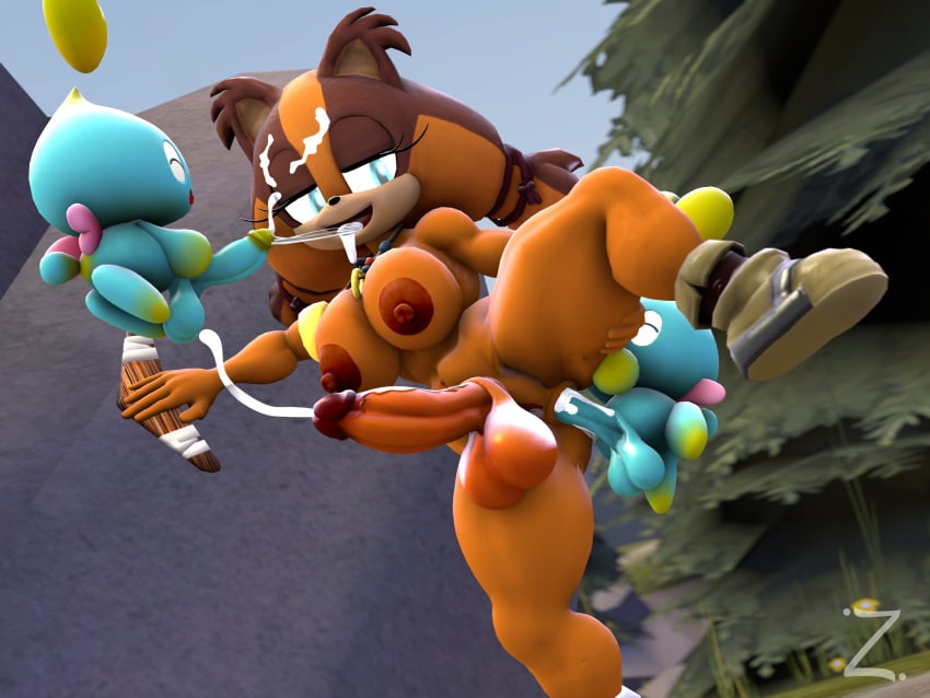 3d anthro balls boomerang brown_body brown_fur chao_(sonic) cum furry futanari hair holding_weapon orange_body orange_fur penis pussy sex sonic_(series) sonic_boom sticks_the_badger sticks_the_jungle_badger sticks_the_tejon surprised twintails weapon zeniix98