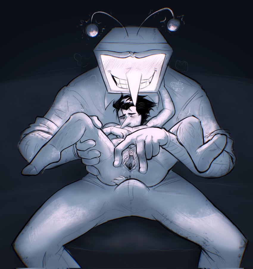 2boys angysecretlab bottomless bulge bulge_through_clothing deltarune deltarune_chapter_3 exposed_pussy gay hand_on_thigh humiliation nude_male size_difference spamtenna spamton_g_spamton spread_legs spread_pussy submissive_male tdick tenna_(deltarune) trans_man transmasc yaoi