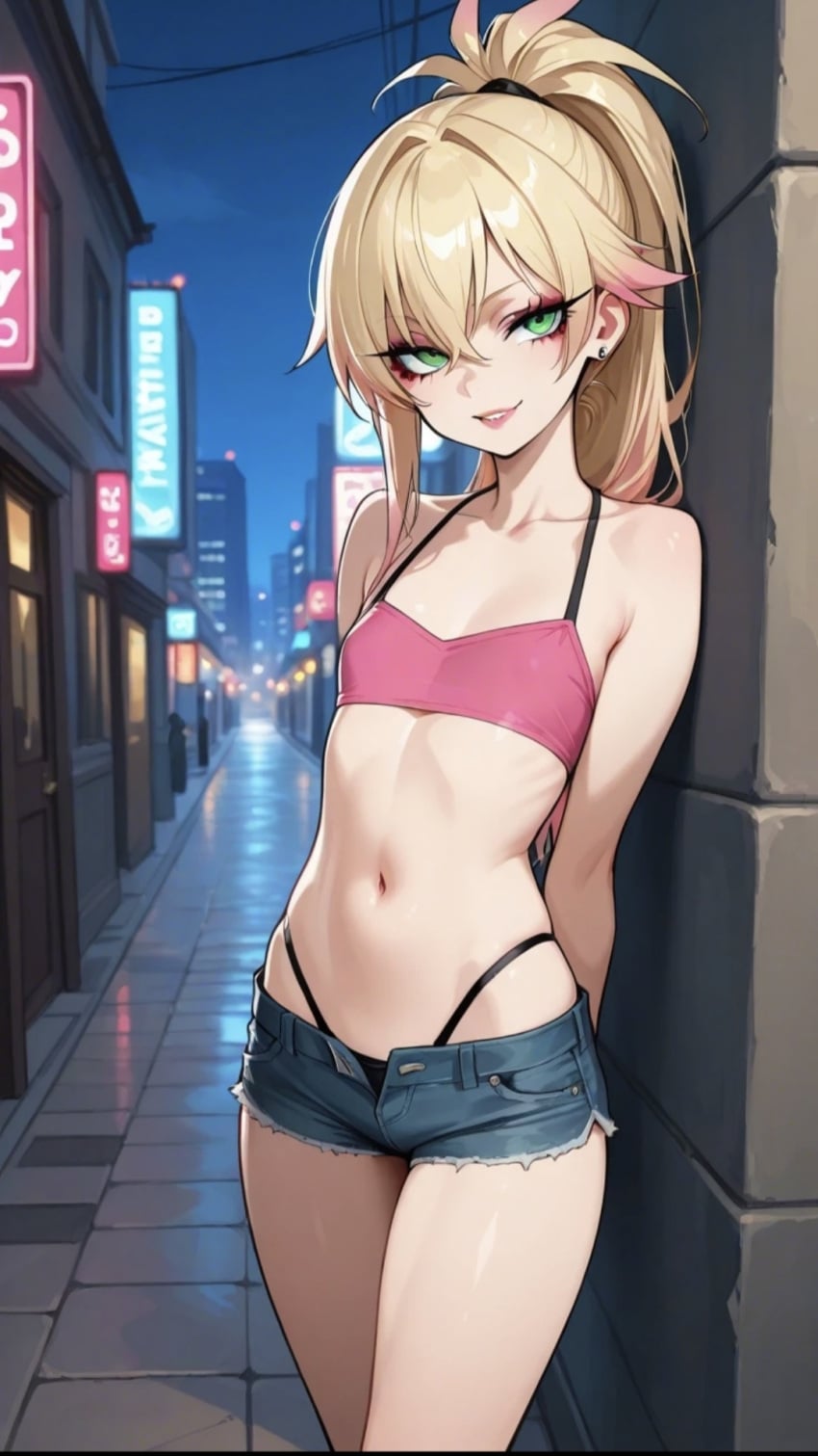 1girls ai_generated athletic athletic_female blonde blonde_female blonde_hair blonde_hair_female bratty city city_background clothed clothed_female clothing commentary_request crop_top female female_focus flat_chest flat_chested gradient_hair green_eyes hair hotpants jeans_shorts lia_the_busty_redhead midriff multicolored_hair night open_pants original original_character outdoors outside petite petite_body petite_female pink_hair_tips ponytail seductive seductive_look seductive_smile self_upload shorts slutty_female small_breasts smile smiling smiling_at_viewer solo_female spaghetti_strap standing tagme tank_top thighs thong thong_straps tight_clothing