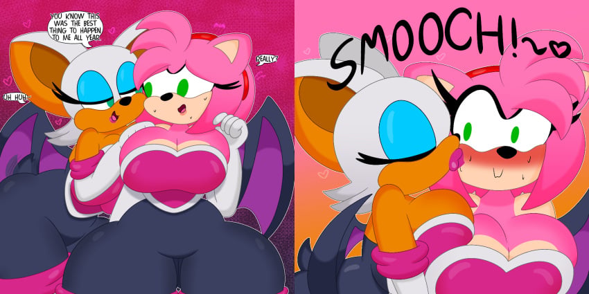 2girls 3barts amy_rose bodysuit neckline rouge_the_bat rouge_the_bat_(cosplay) sonic_(series) spandex_suit thicc yuri